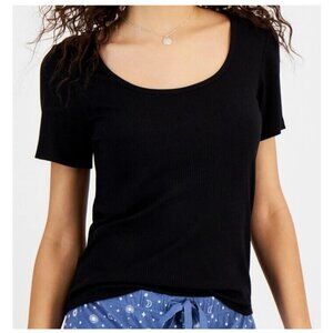 Jenni Women's Short Sleeve Ribbed Knit Lounge Pajama Top T-Shirt, Black, XS